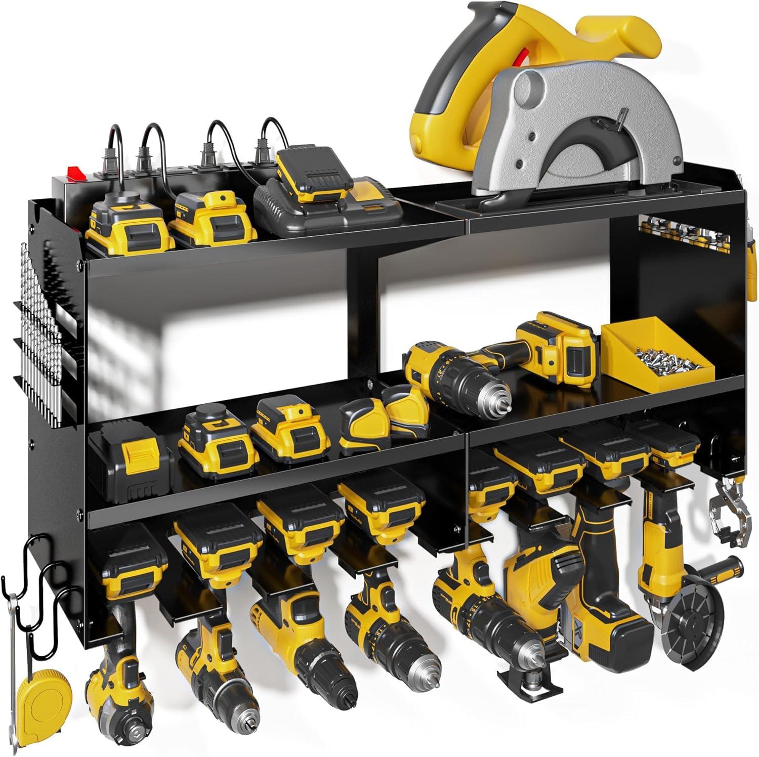 Spampur Power Tool Organizer Wall Mount with Charging Station, Garage Tool Shelf 6 Drill Holders, Tool Battery Holder with Plier holder Heavy Duty Rack, Tool Storage Rack with 4 Outlet Power Strip