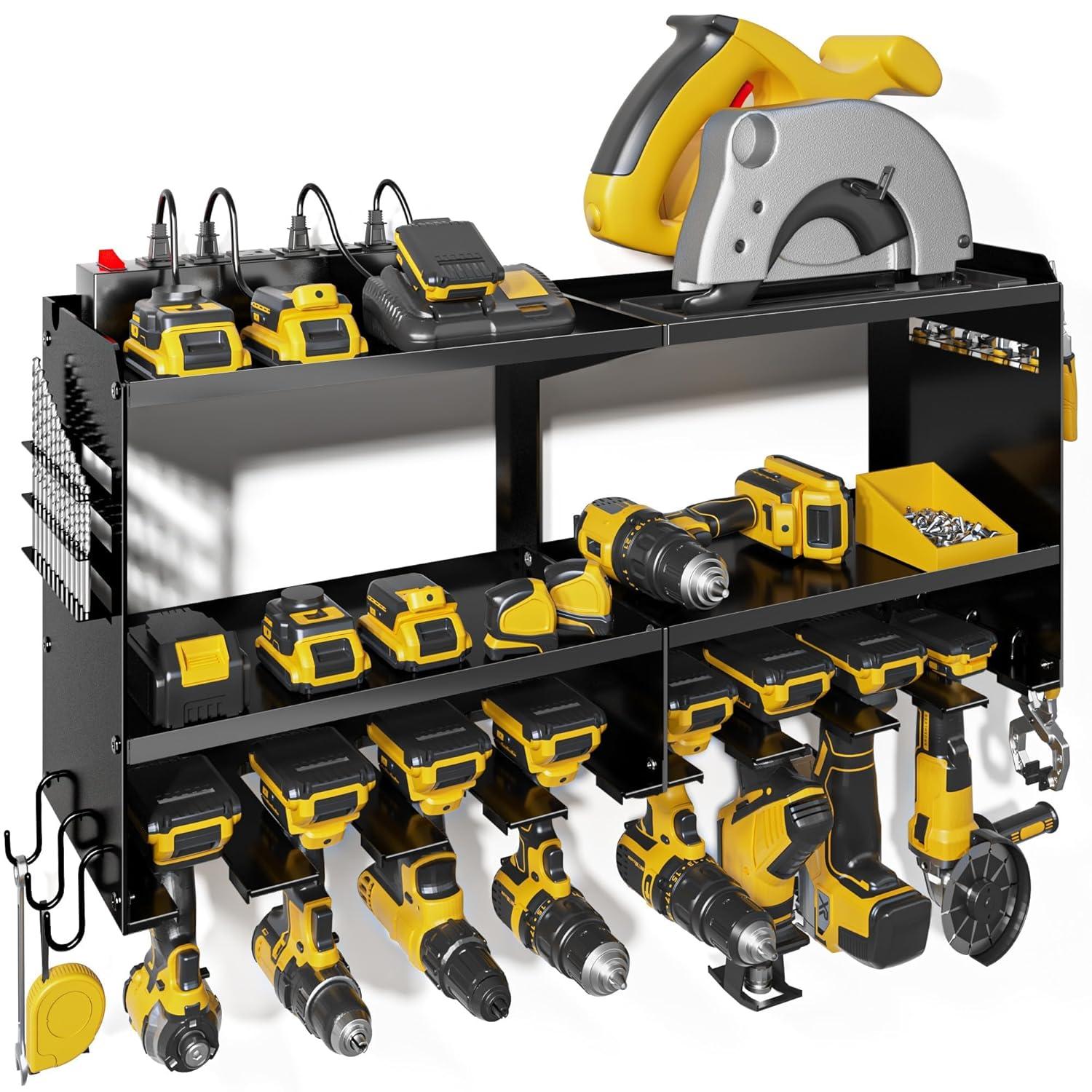 Spampur Power Tool Organizer Wall Mount with Charging Station, Garage Tool Shelf 6 Drill Holders, Tool Battery Holder with Plier holder Heavy Duty Rack, Tool Storage Rack with 4 Outlet Power Strip