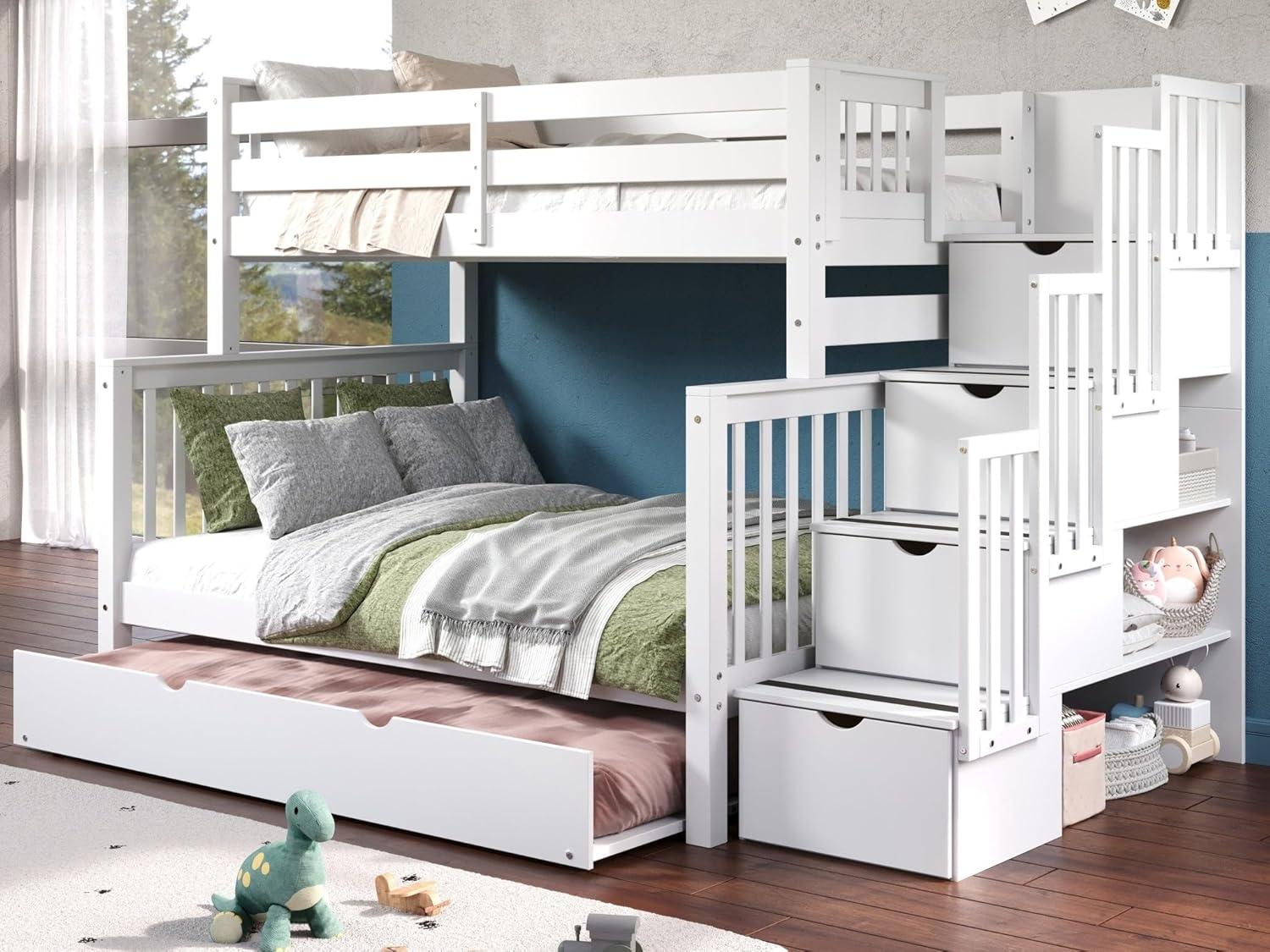 Bedz King - Literas con Escalera Doble con 4 Cajones en los Escalones y una Cama Nido Doble, Color Blanco
