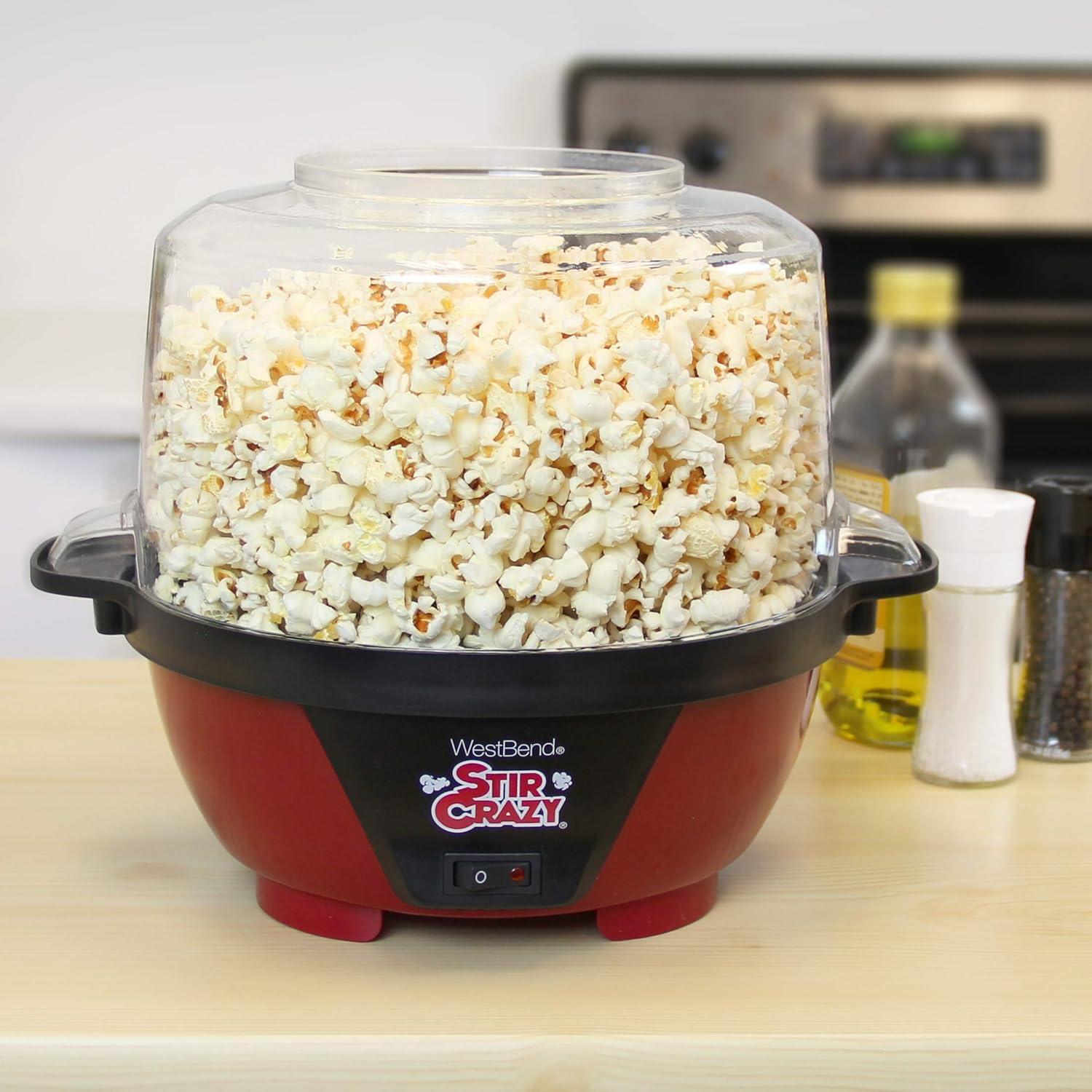 Stir Popcorn Machine Electric Hot Oil Popper Includes Large Lid for Serving Bowl and Convenient Nesting Storage, 6-Quart, Red