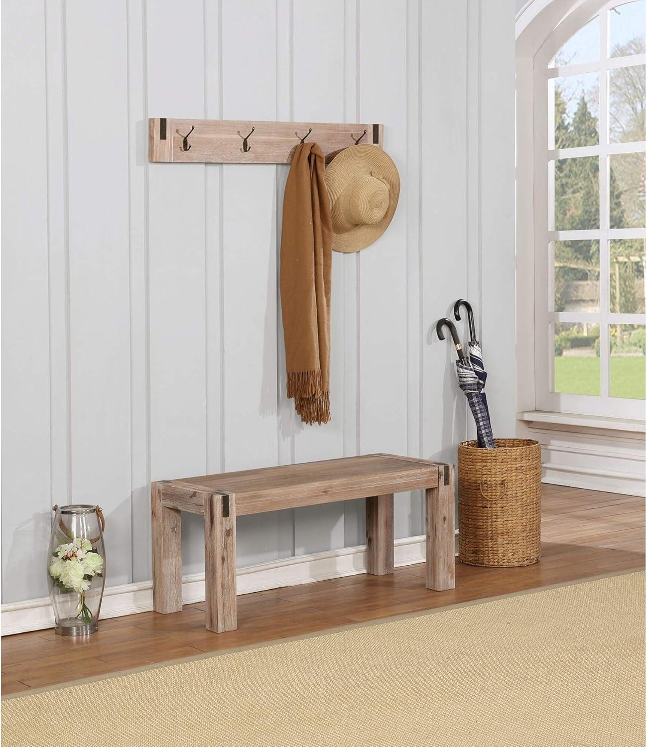 40" Wide Woodstock Acacia Wood with Metal Inset Coat Hook Brushed Driftwood - Alaterre Furniture: Wall Mounted, Entryway Storage, 4 Hooks