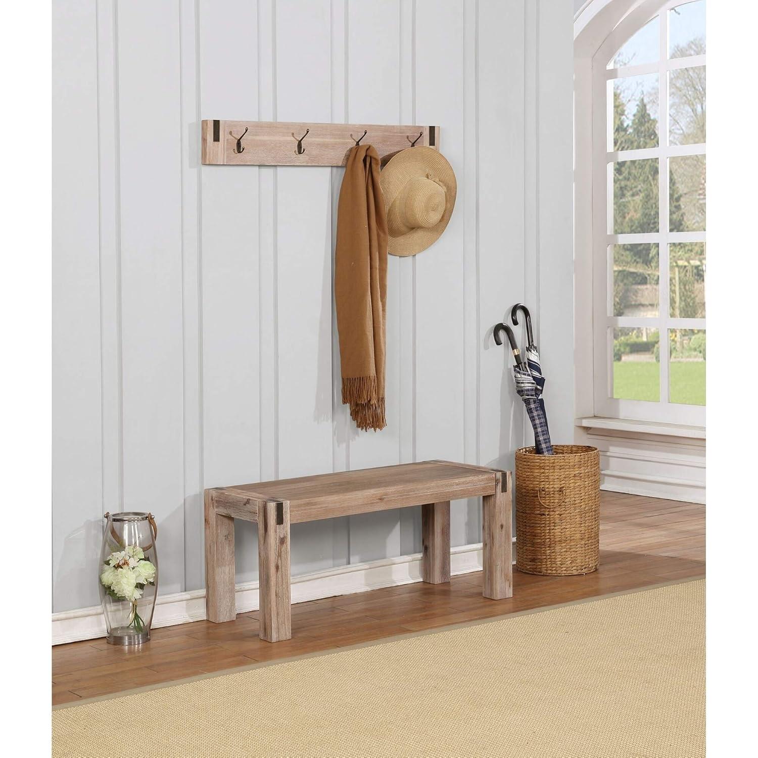40" Wide Woodstock Acacia Wood with Metal Inset Coat Hook Brushed Driftwood - Alaterre Furniture: Wall Mounted, Entryway Storage, 4 Hooks