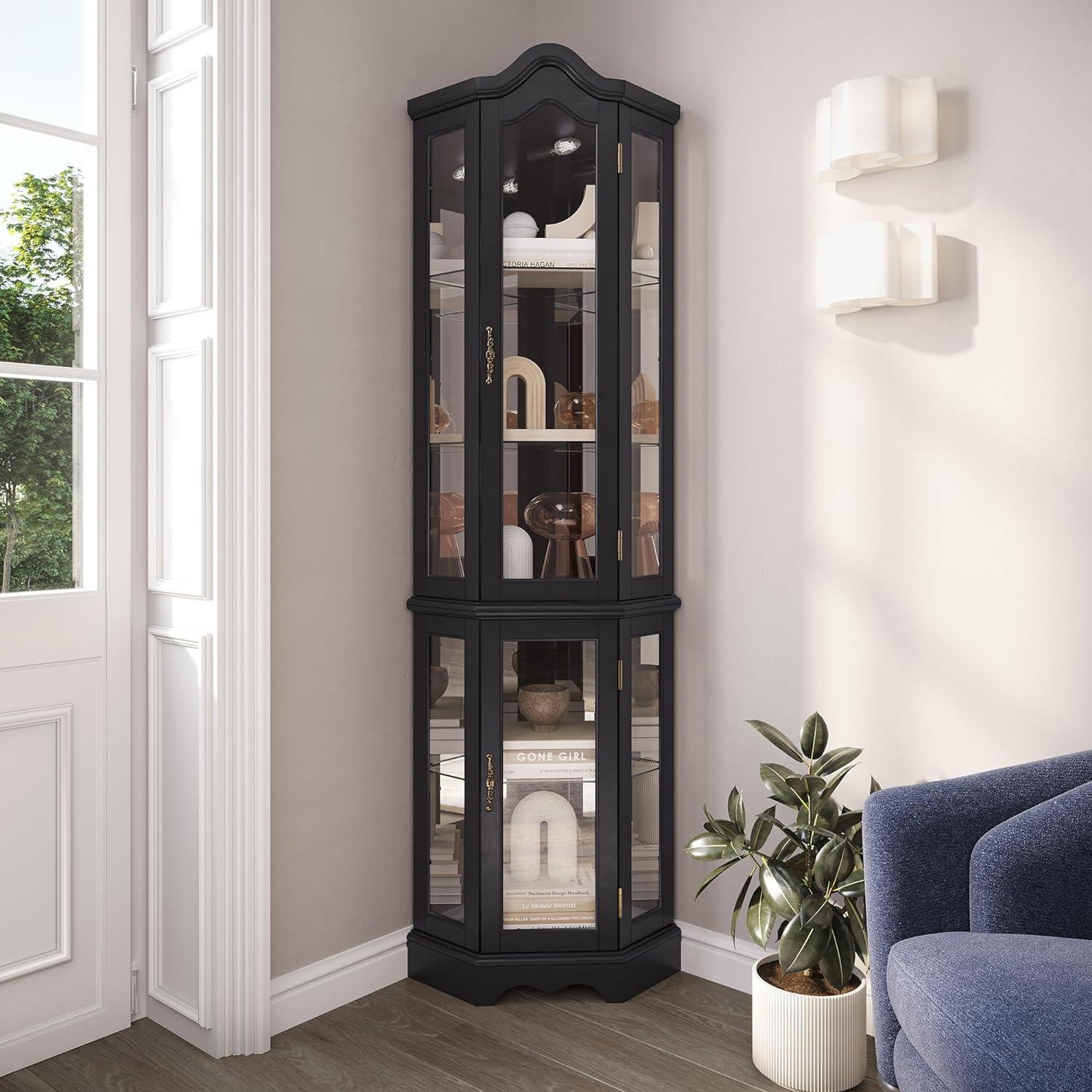 BELLEZE Lighted 3-Side Glass Display Curio Cabinet w/ Tempered Glass Doors and Shelves, Curved Wood Corner Cabinet with Bulb, Corner Storage Decoration Rack for Living room & Bedroom Loraine (Black)