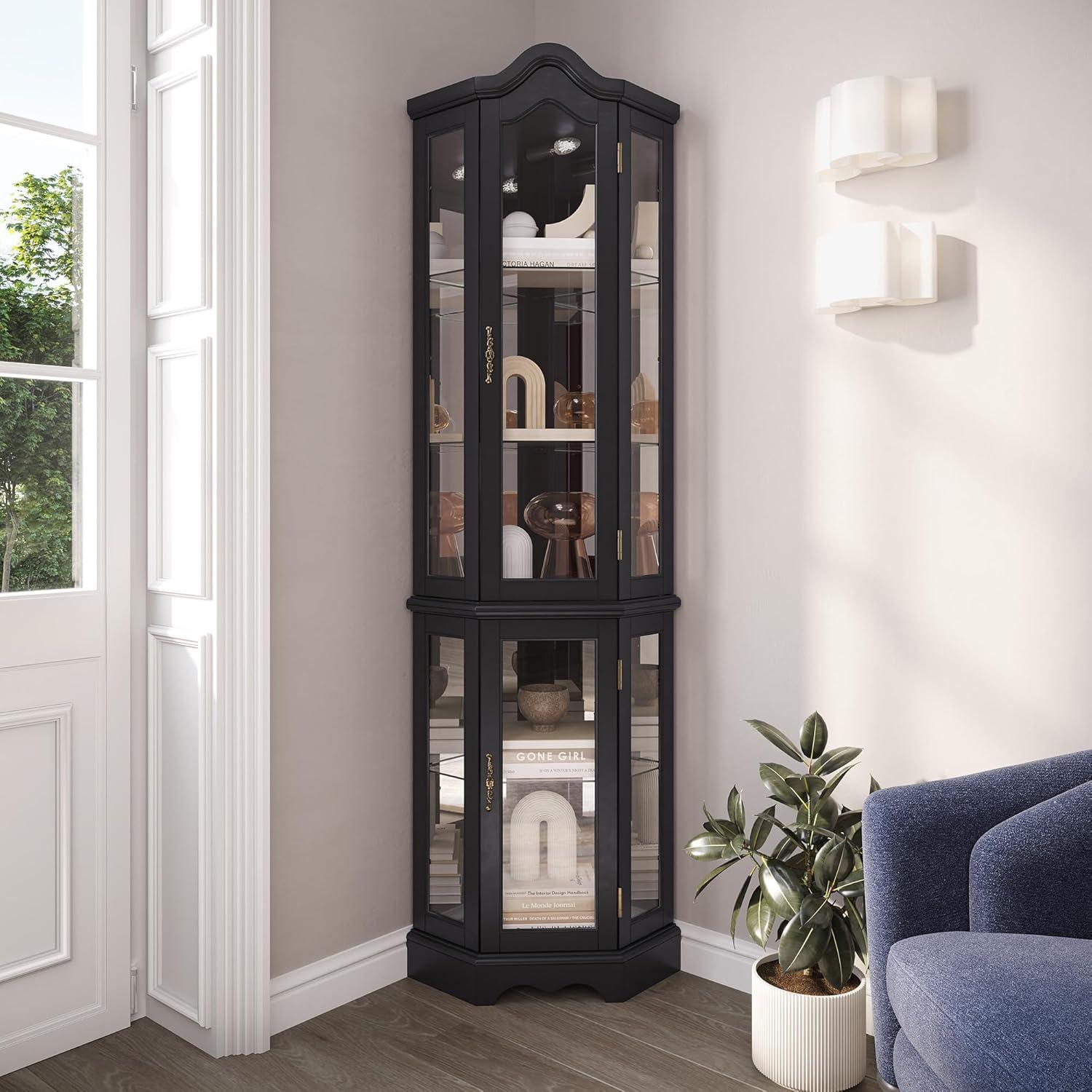 BELLEZE Lighted 3-Side Glass Display Curio Cabinet w/ Tempered Glass Doors and Shelves, Curved Wood Corner Cabinet with Bulb, Corner Storage Decoration Rack for Living room & Bedroom Loraine (Black)