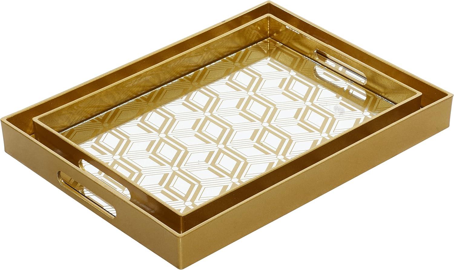 CosmoLiving by Cosmopolitan 16", 14"W Gold Plastic Mirrored Geometric Tray, 2-Pieces