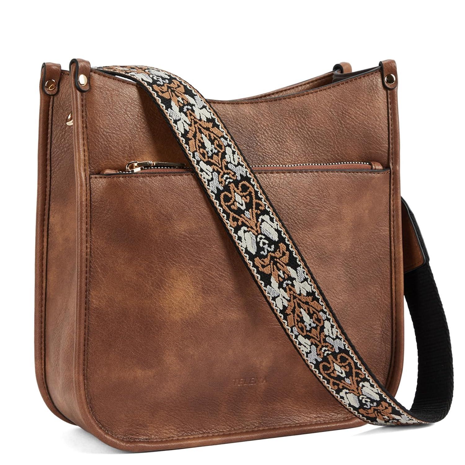 Telena Crossbody Purses for Women Trendy Vegan Leather Purses Bucket Hobo Bags Handbags with Adjustable Guitar Strap