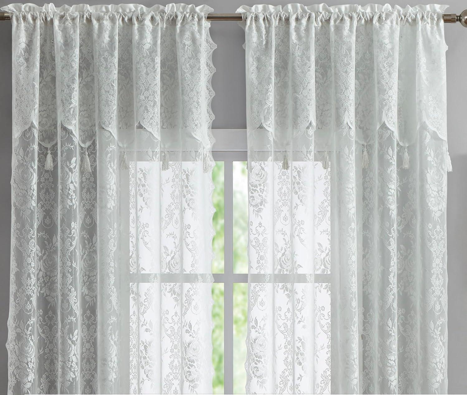 Rosdorf Park Rosdorf Park Pair Of 2 Sheer Lace Curtain Panels with Attached Matching Valance With 6 Tassels. (Set of 2)