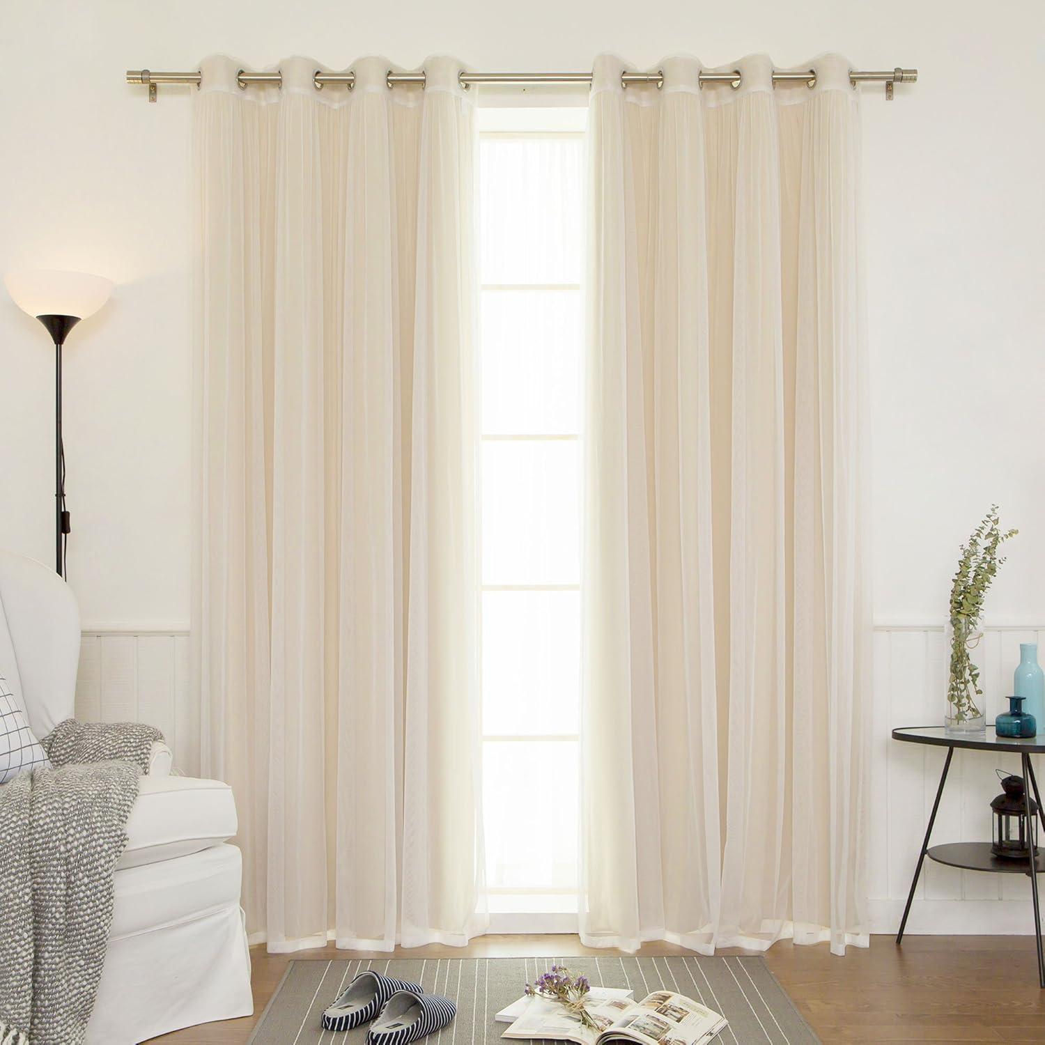 Best Home Fashion uMIXm Mix and Match Tulle Sheer Lace & Solid Blackout 4 Piece Curtain Set â€“ Stainless Steel Nickel Grommet Top (52" W x 96" L â€“ Each Panel, Beige)