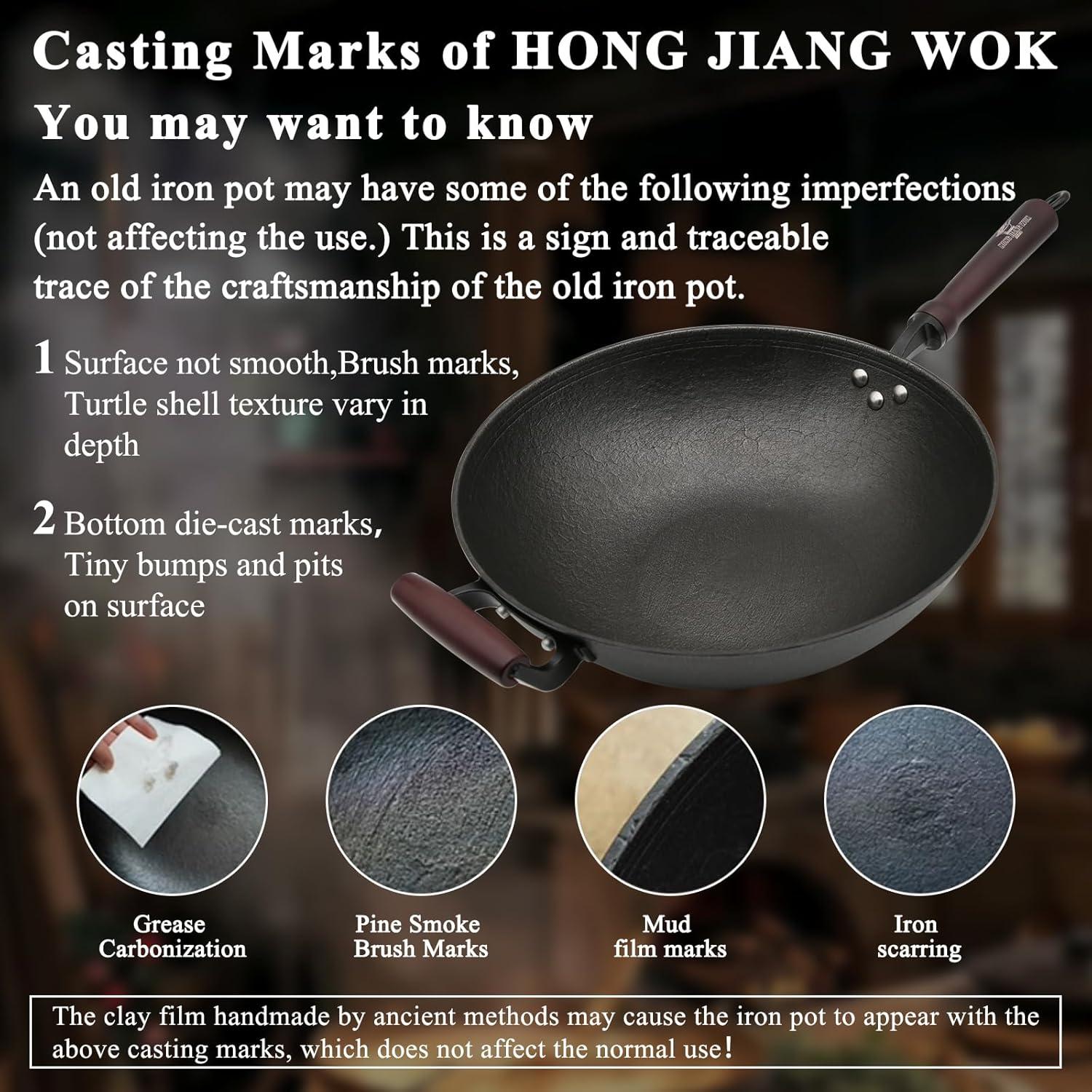 12.6" Handmade Cast Iron Wok - Wooden Lid & Handle, Flat Bottom Pan for All Stoves