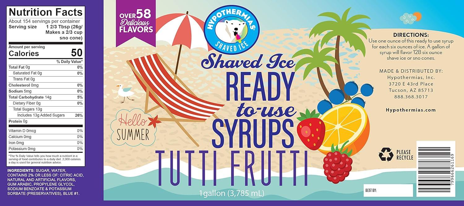 Hypothermias |Tutti Frutti| Ready to Use | Hawaiian Shaved Ice or Snow Cone Syrup Gallon (128 Fl. Oz), 100 % Pure Cane Sugar