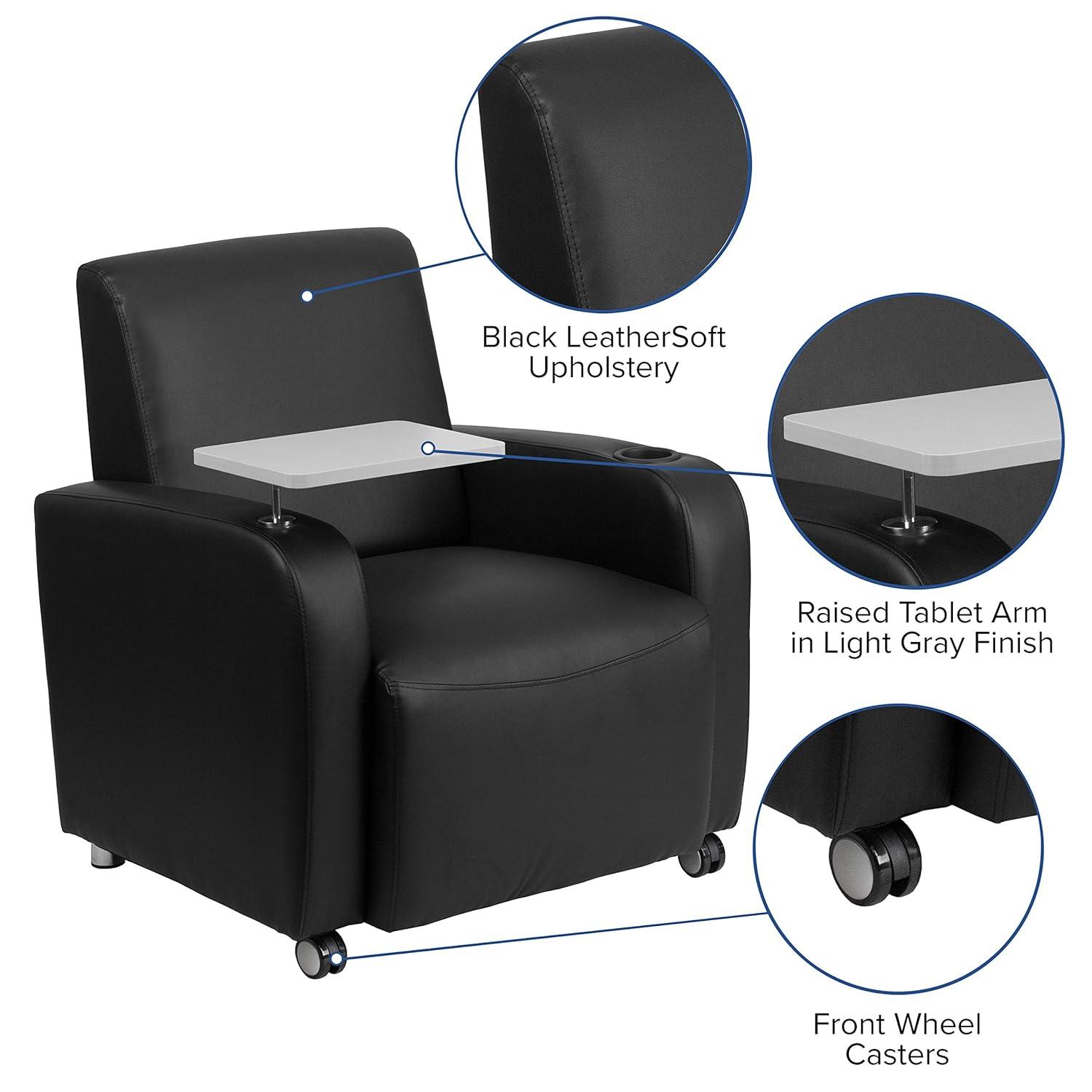 Emma and Oliver Black LeatherSoft Tablet Arm Chair, Front Wheel Casters and Cup Holder