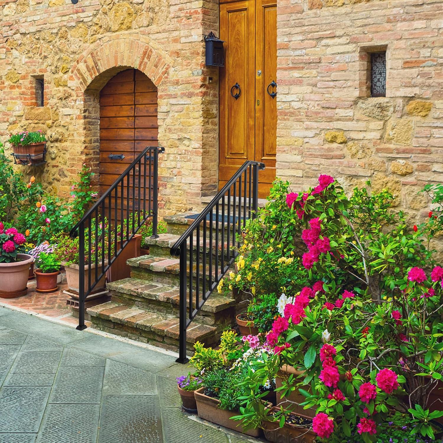 HLL Handrails for Outdoor Steps, Black Wrought Iron Handrail Fits 4 or 5 Steps, Transitional Handrail with Installation Kit, Stair Railing for Concrete Steps or Wooden Stairs