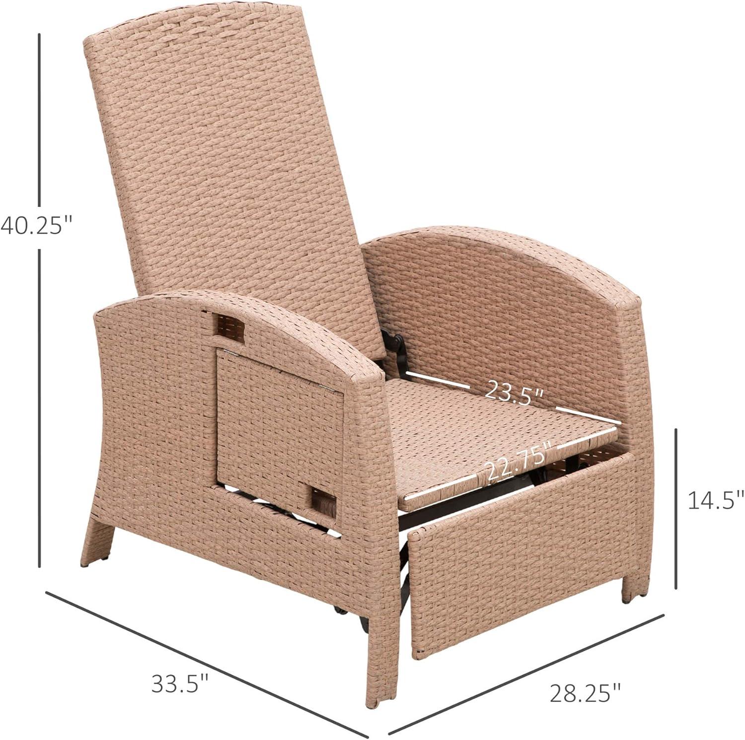 Beige Wicker Outdoor Recliner with Cushions and Tray