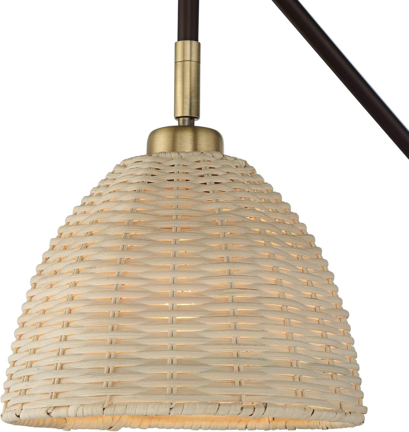 Coastal Swing Arm Adjustable Wall Lamp in Deep Bronze and Brass with Rattan Shade