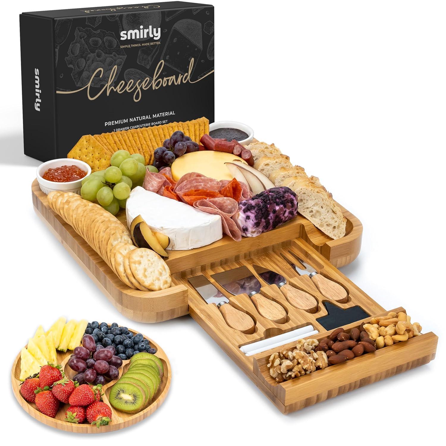 SMIRLY Charcuterie Board Set Large Bamboo Cheese Board with Fruit Tray & 2 Ceramic Bowls