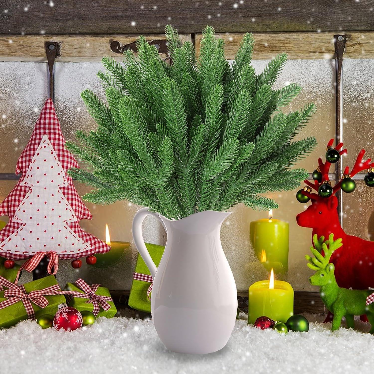 50 Pcs Artificial Pine Branches Christmas Pine Needles Green Plants Fake Greenery Pine Picks Christmas Decorations for DIY Garland Wreath Xmas Embellishing and Home Garden Decoration