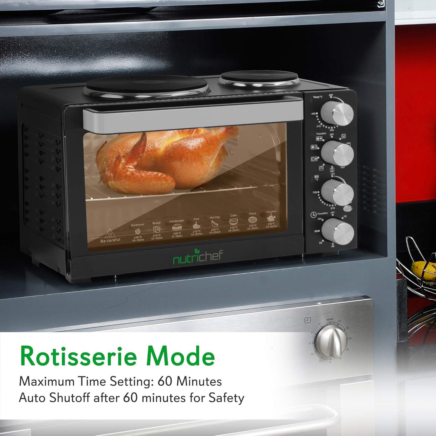 NutriChef 30+ Quart Countertop Convection Oven Cooker - 1500W Heating, Rotisserie, Dual Hot Plates, 120V - Black
