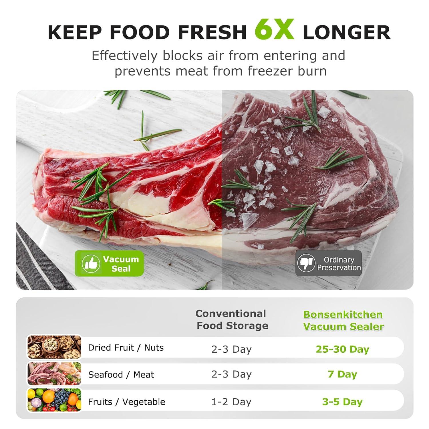 Bonsenkitchen Multi-Functional Food Vacuum Sealer with Globefish Technology for High-Speed Continuous Working, Vacuum Bags & Accessory Hose, Black