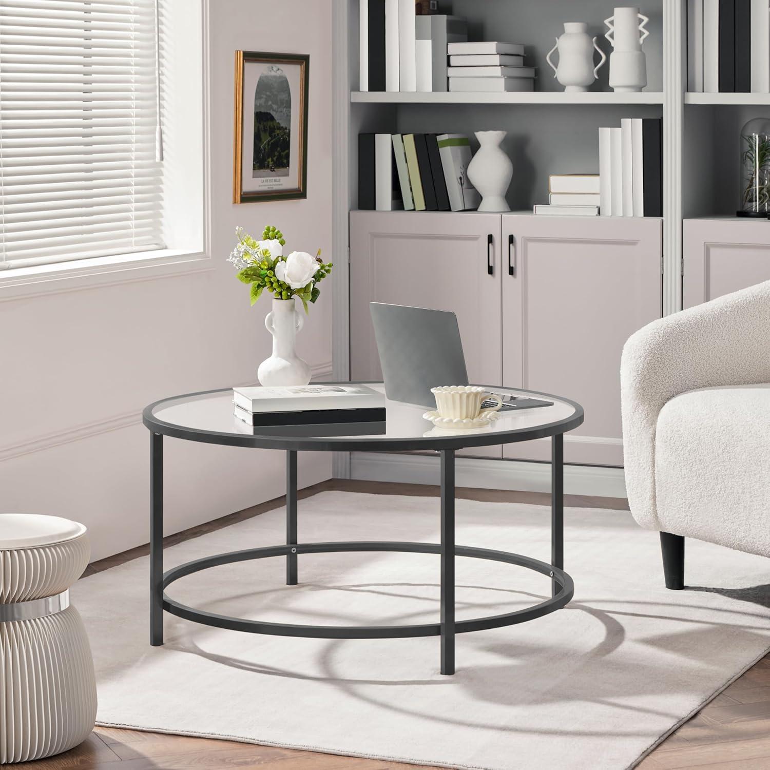 36" Round Glass Coffee Table, Black Circle Coffee Table Center Table with Glass Top, Small Coffee Table for Living Room, Office and Apartment