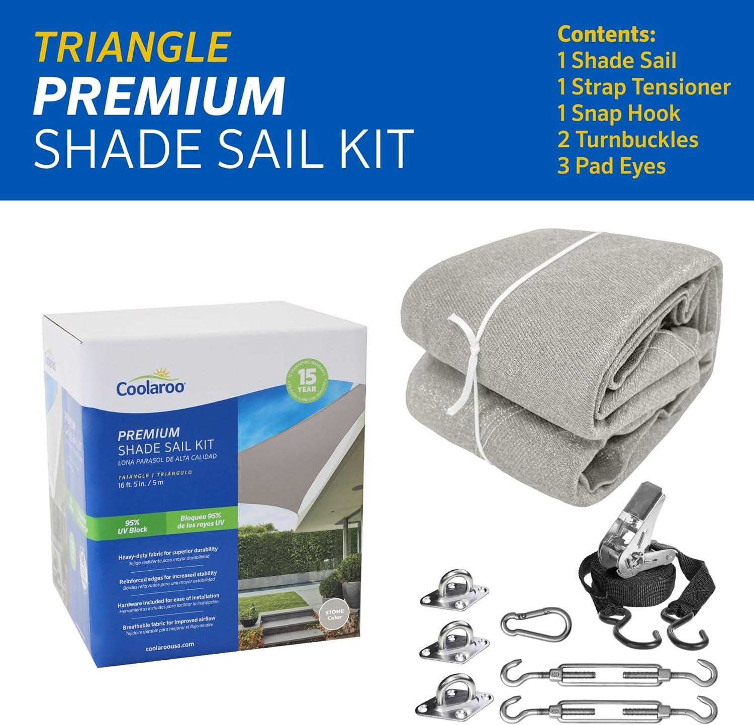 Coolaroo Premium Outdoor Sun Shade Sail with Hardware Kit 95% UV Block Protection for Backyard, Garden, Patio, 16'5" Triangle, Stone