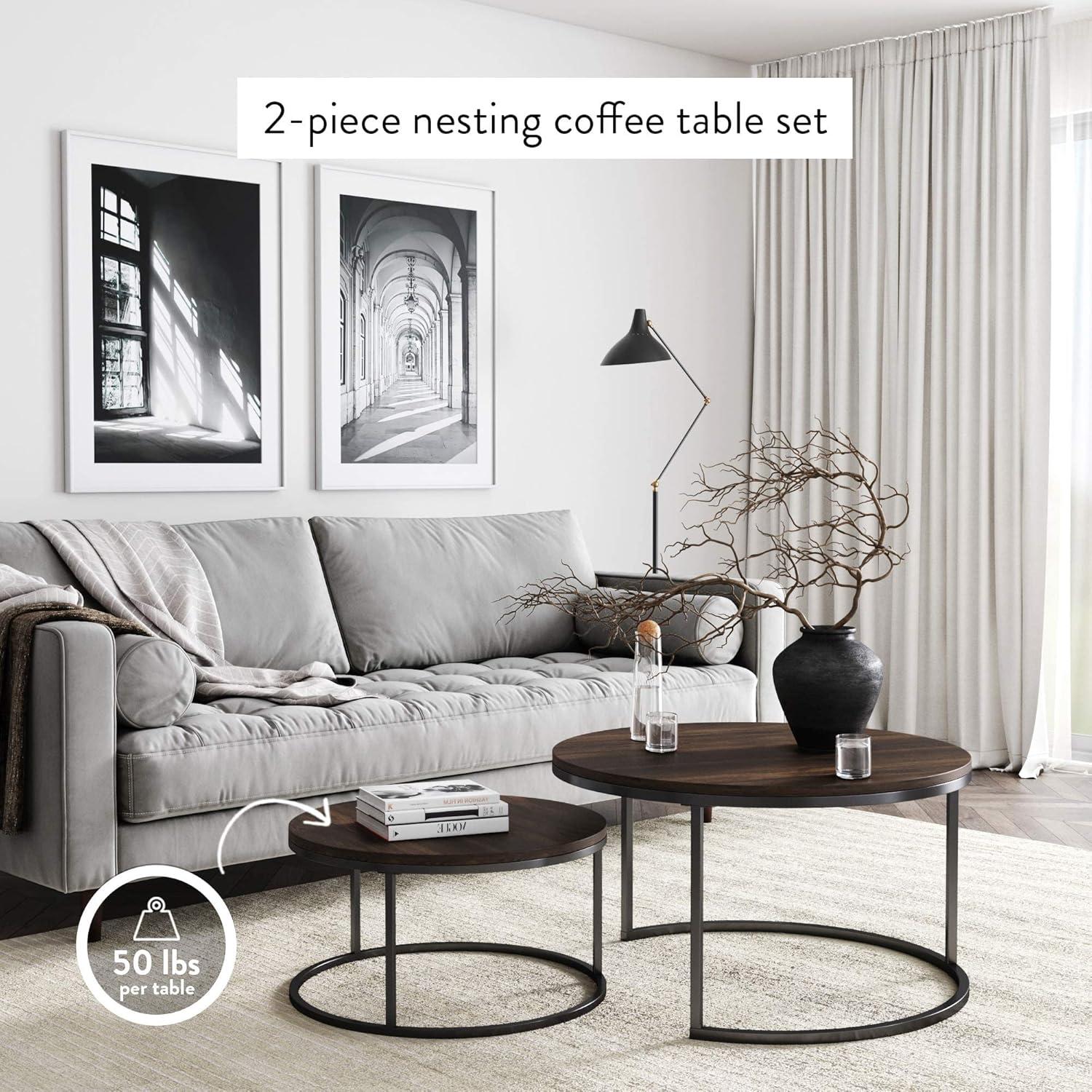 James Stella Round Modern Nesting Coffee Set of 2  Stacking Living Room Accent Tables with an Industrial Wood Finish and Powder Coated Metal Frame  Warm Nutmeg/Matte Black