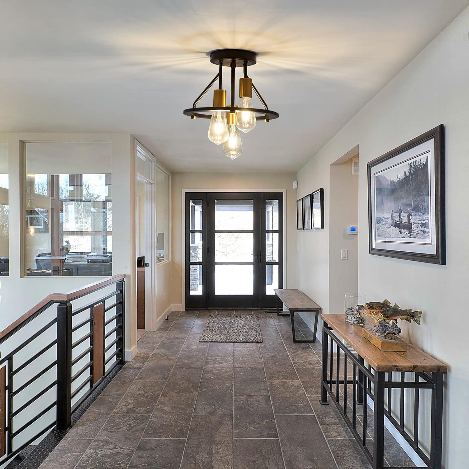 Matte Black and Gold Industrial Semi Flush Mount Ceiling Light