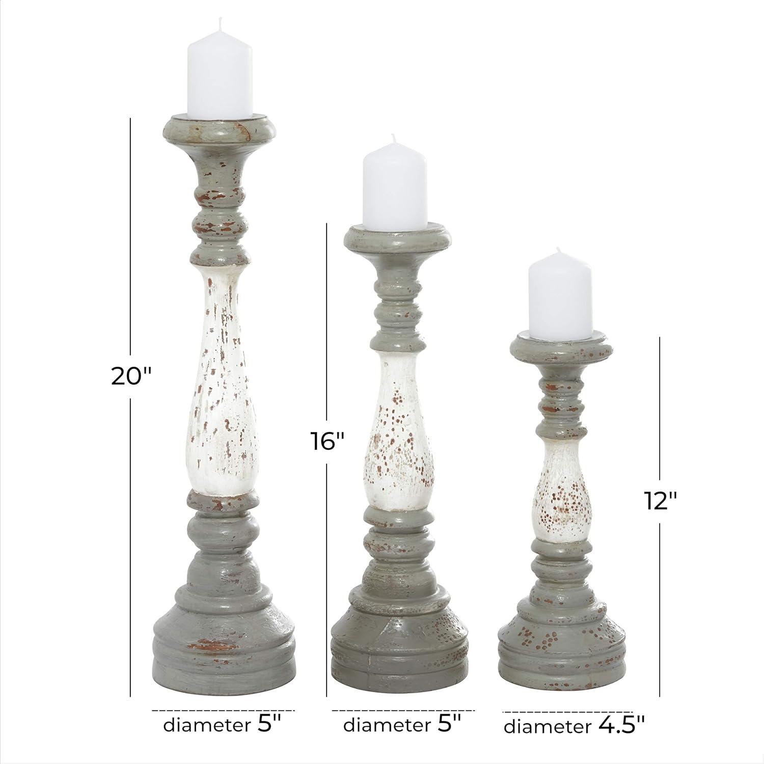 DecMode 3 Candle Gray Aluminum Metal Turned Style Pillar Candle Holder with White Accents, Set of 3