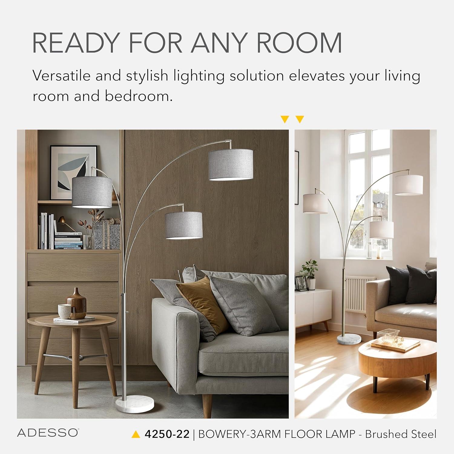 3-Arm Bowery Arc Lamp Brushed Steel - Adesso: Adjustable, Overhead Lighting with Marble Base