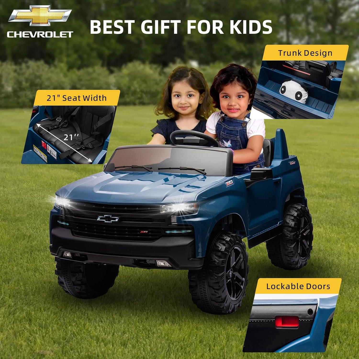 Chevrolet Silverado Autos Ride on con Motor de 24 V para Niños, Juguetes Ride on Extra Grandes de 2 Asientos con Control Remoto, Luz LED, Reproductor de MP3, Vehículos Eléctricos Camión Ride on para Niños y Niñas, Regalos, Azul