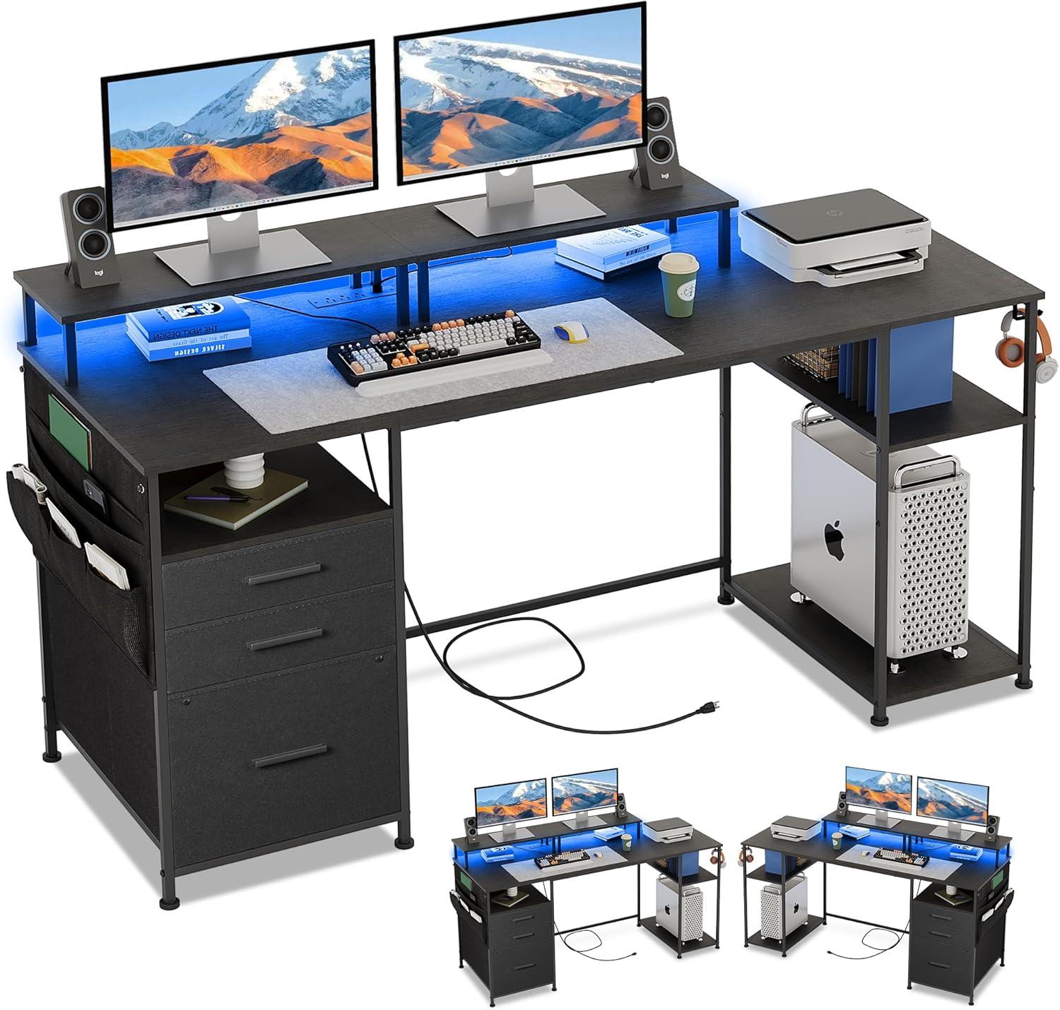 Computer Desk with 3 File Cabinet Drawers, 57.8'' Reversible Gaming Desk with LED Lights and Power Outlets, Office Desk with Storage Shelves and Dual Monitor Stand for Home & Office (Black)