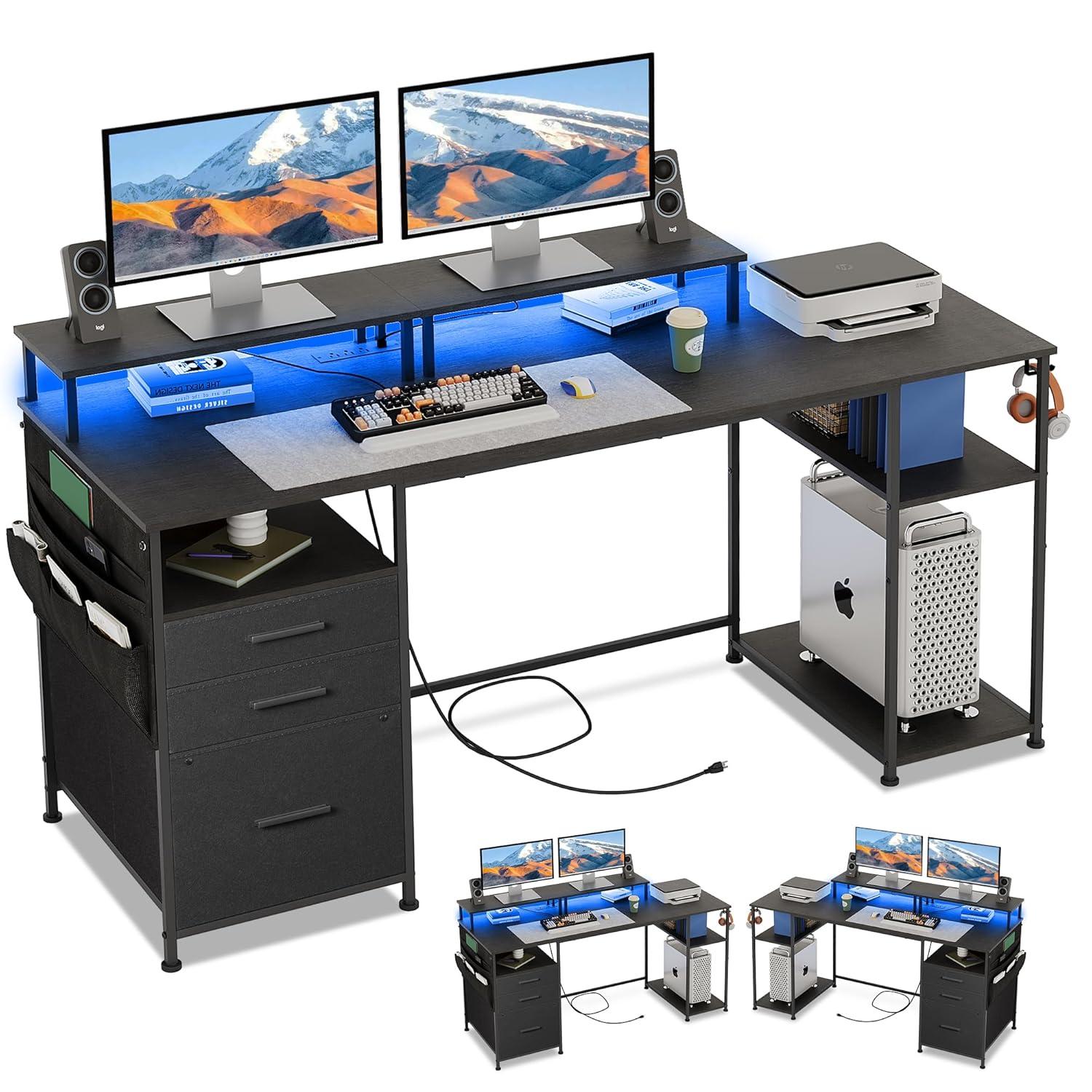 Computer Desk with 3 File Cabinet Drawers, 57.8'' Reversible Gaming Desk with LED Lights and Power Outlets, Office Desk with Storage Shelves and Dual Monitor Stand for Home & Office (Black)