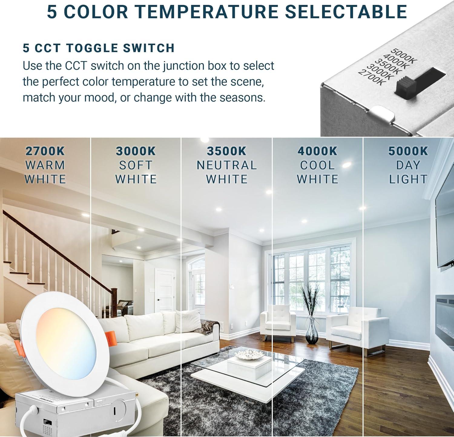 PARMIDA (16 Pack) 4 Inch Ultra-Thin LED Recessed Ceiling Light with Junction Box, 5CCT Color Selectable 2700K/3000K/3500K/4000K/5000K, 12W, Dimmable Canless Wafer Slim Panel Downlight, IC Rated, ETL