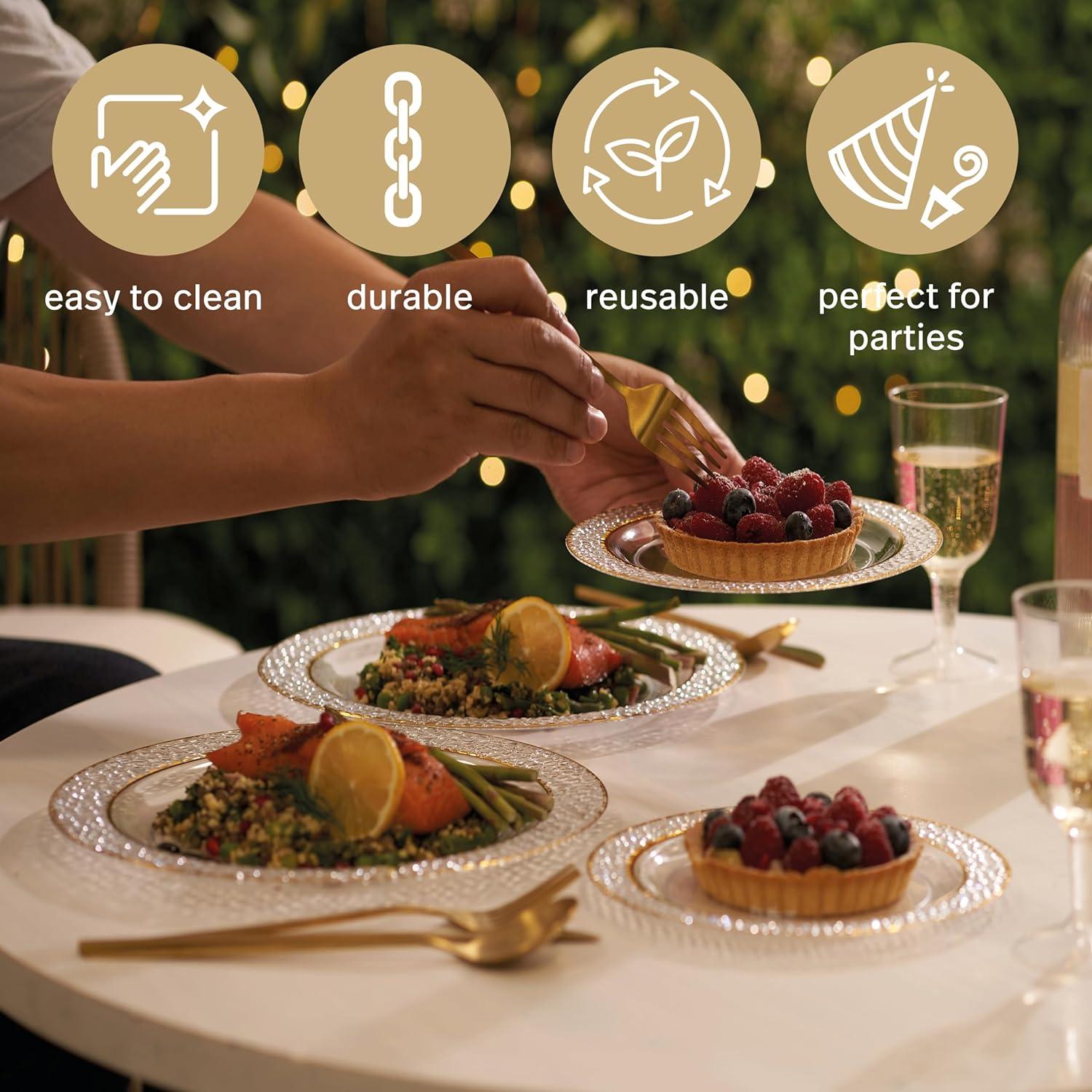 MATANA 40 Clear Plastic Party Plates with Hammered Gold Rim - 20 Dinner Plates 10.25 Inch + 20 Salad Dessert Appetizer Plates 7.5 Inch, Heavy Duty, Reusable for Parties, Wedding