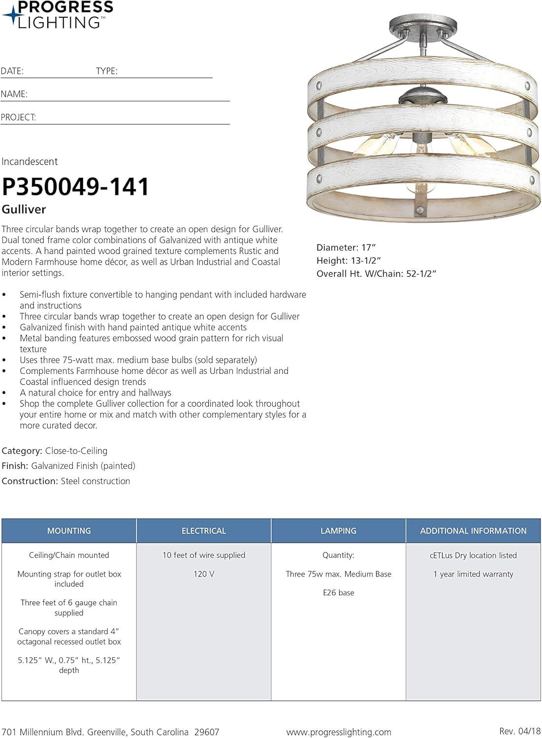 Progress Lighting Gulliver 3-Light Semi-Flush Convertible Ceiling Light, Galvanized Finish, Open Design