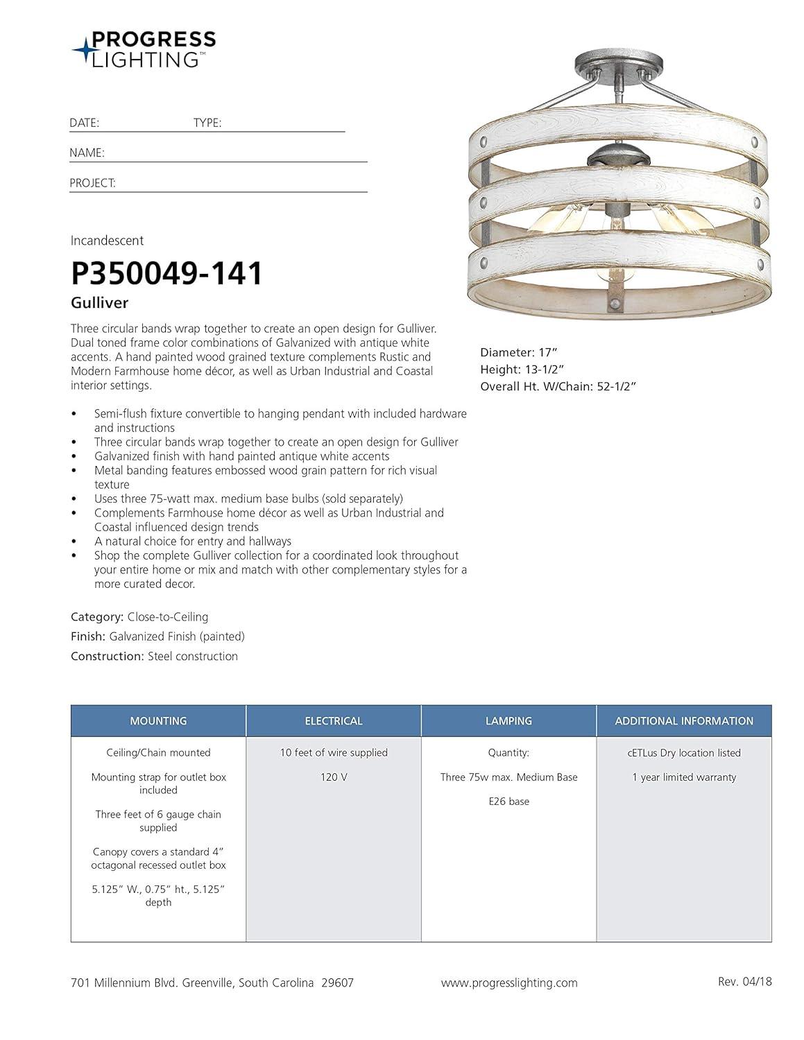 Progress Lighting Gulliver 3-Light Semi-Flush Convertible Ceiling Light, Galvanized Finish, Open Design