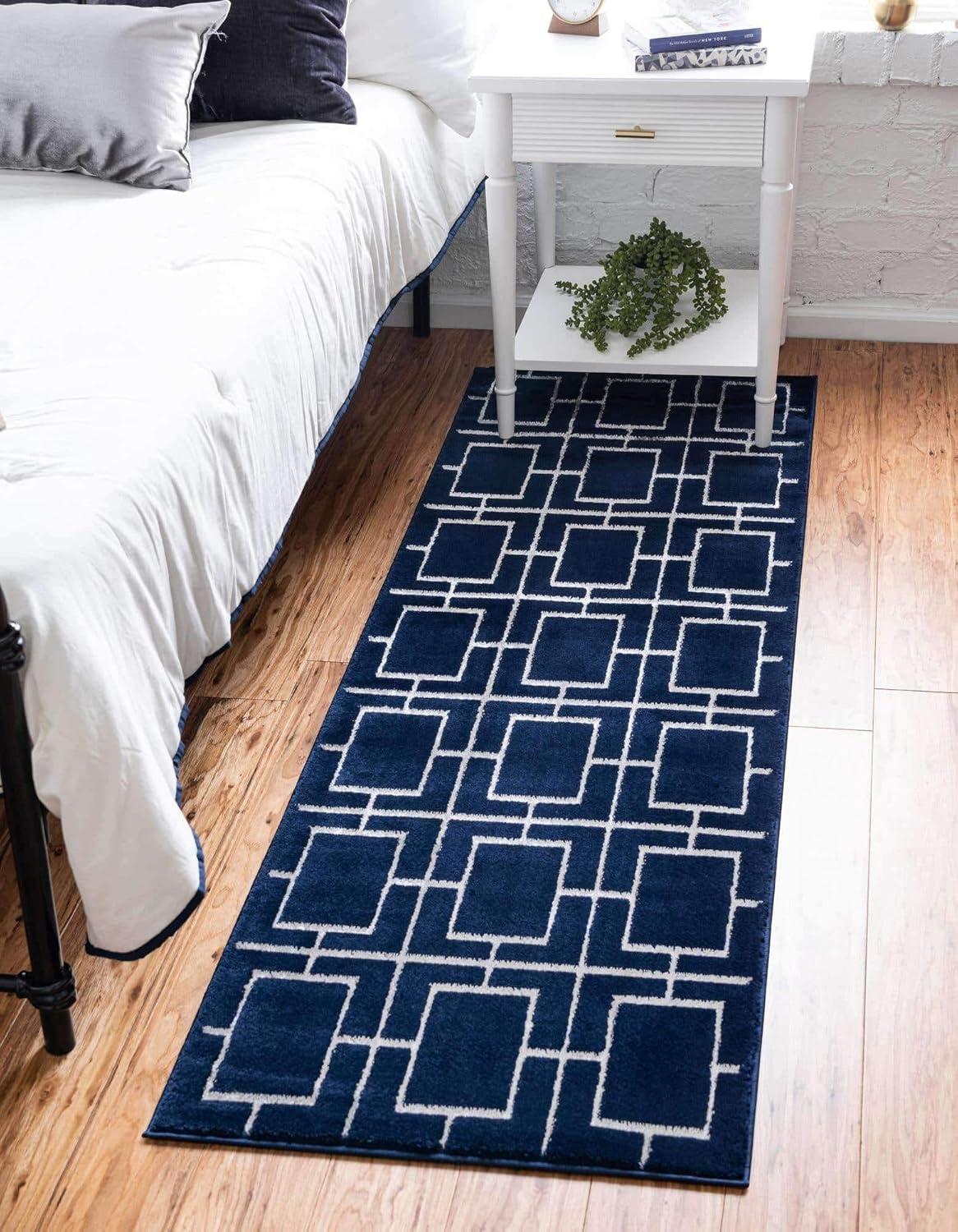 Navy Blue Silver Trellis Synthetic Runner Rug