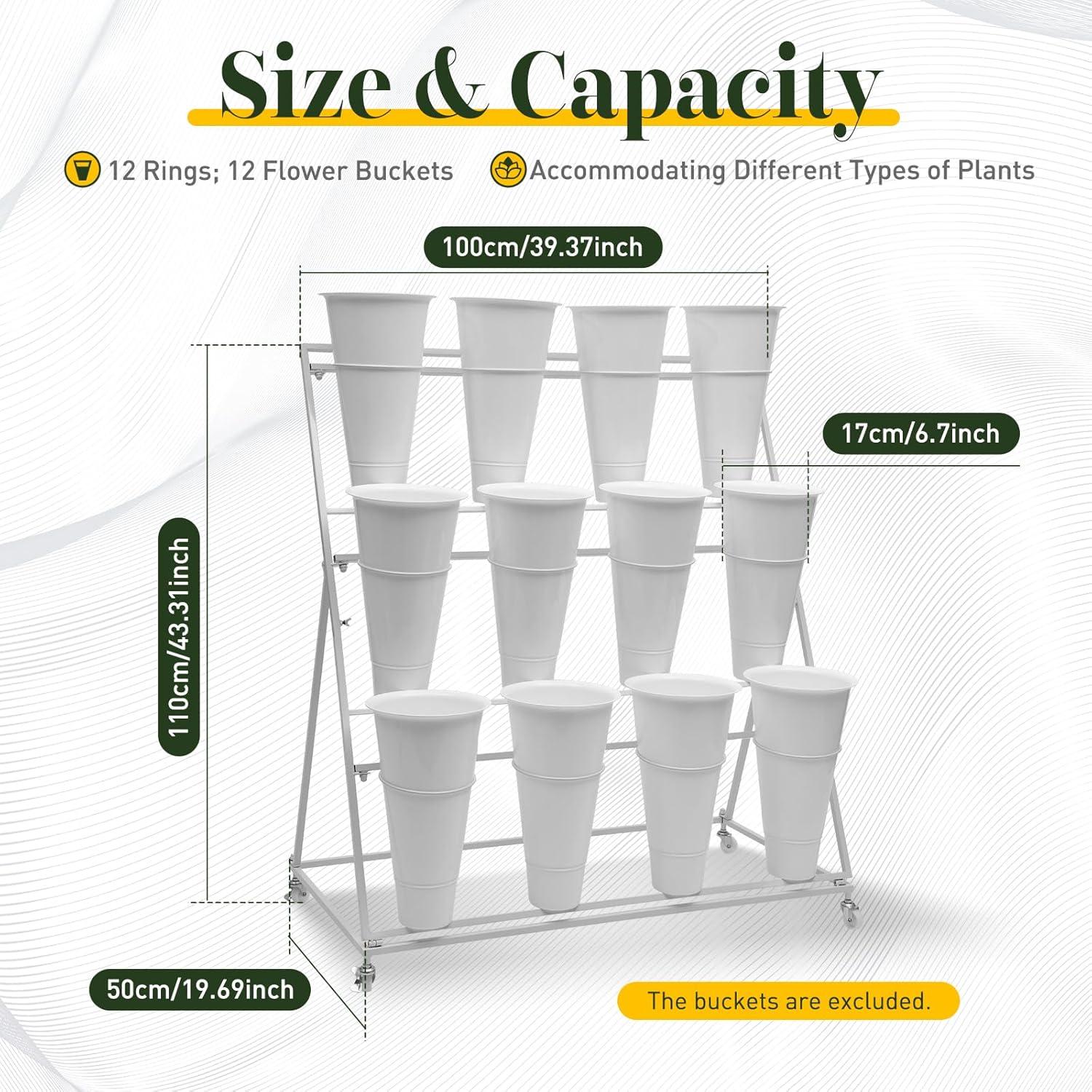 White Flower Display Stand with 12Pcs Buckets, 3 Layers Metal Plant Stand, Moving Florist Bouquet Shelf for Fresh Flower Shop,Patio Garden, Outdoor Flower Pop-up Events