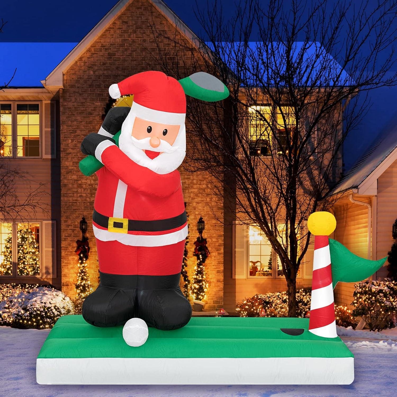 Large Bright White Inflatable Golfing Santa Christmas Decoration