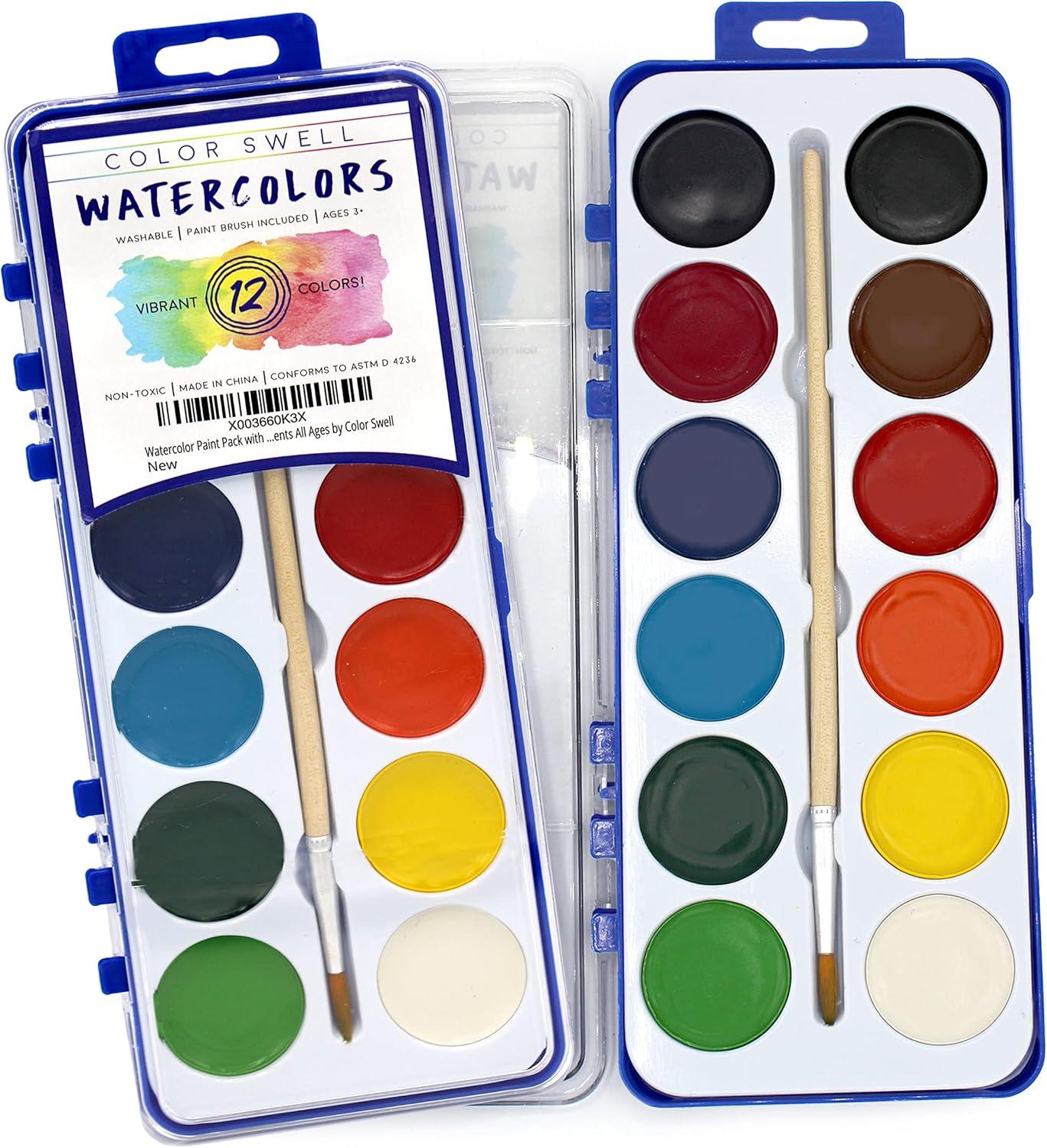 18 Set Bulk Watercolor Paint Pack with Wood Brushes 12 Washable Colors with 25% More Paint