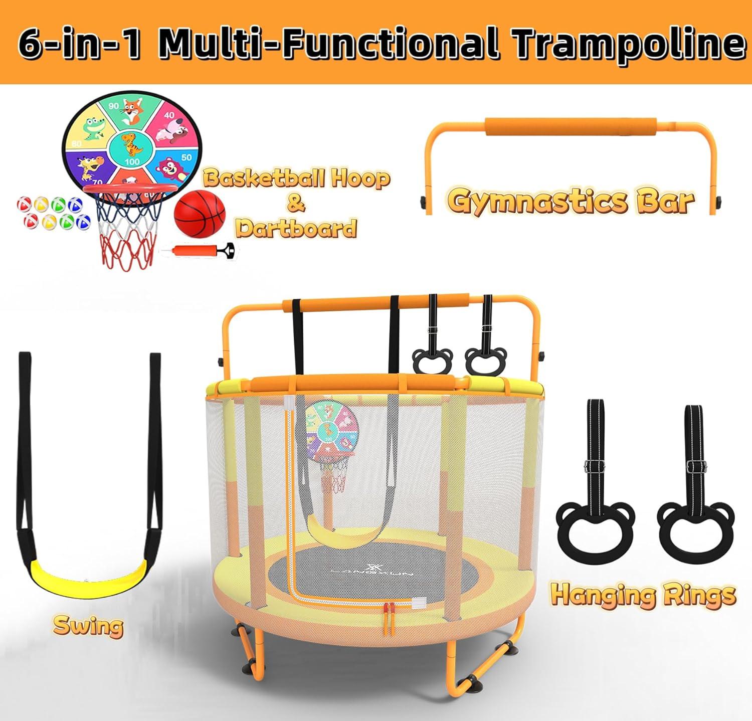 LANGXUN 60" Kids Trampoline, 5ft Toddler Mini Trampoline Indoor Outdoor Toys with Swing & Basketball Hoop & Dart Board, Gymnastics Bar, Birthday Gifts for Girls Boys Age 1-8 (Orange&Yellow)