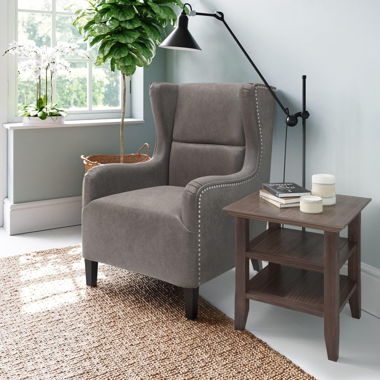 Warm Walnut Brown Solid Wood End Table with Storage Shelves