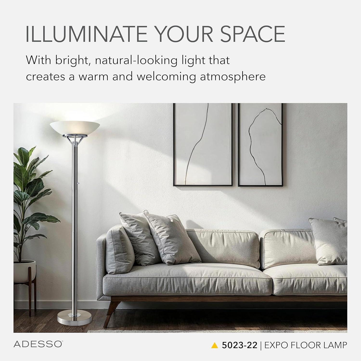 71.5" Expo Floor Lamp Silver - Adesso: ETL Listed, Metal Body, Glass Shade, 2 Sockets, Modern Design