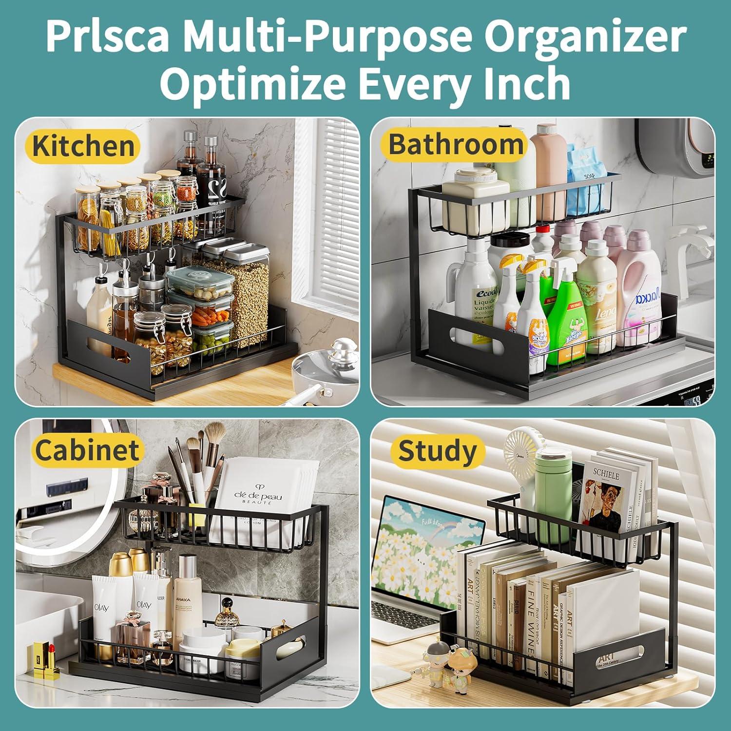 DELAMU 2 Pack Under Sink Organizers and Storage, Pull Out Trash Can Under Cabinet, 2 Tier Bin Organizer with Hooks and Haning Cups, Multi-Purpose Sliding Under Cabinet Organizer