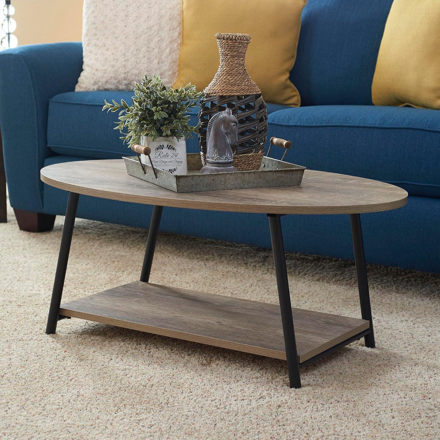Household Essentials Jamestown Oval Coffee Table Ashwood: Modern Mid-Century Design, Iron Frame, Particle Board Surface, Lower Storage Shelf