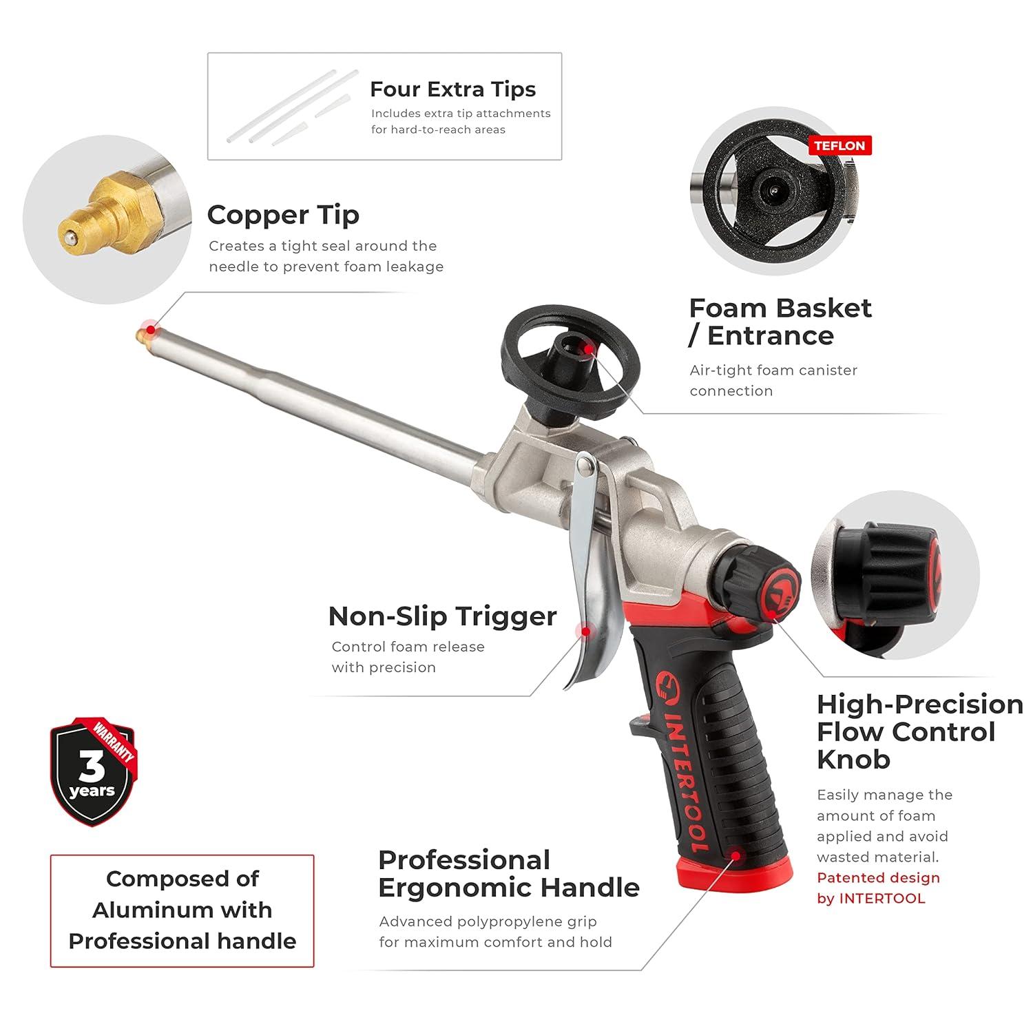 INTERTOOL Spray Foam Gun, Professional Expanding Insulation, Sealant Applicator, Lightweight Plastic Body, Advanced Flow Control Knob for Accurate Control PT08-0608