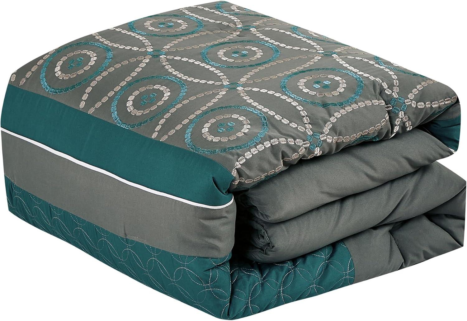 Home Mart Goods 7 Piece Comforter Set Green Grey Embroidery Soft Bedding