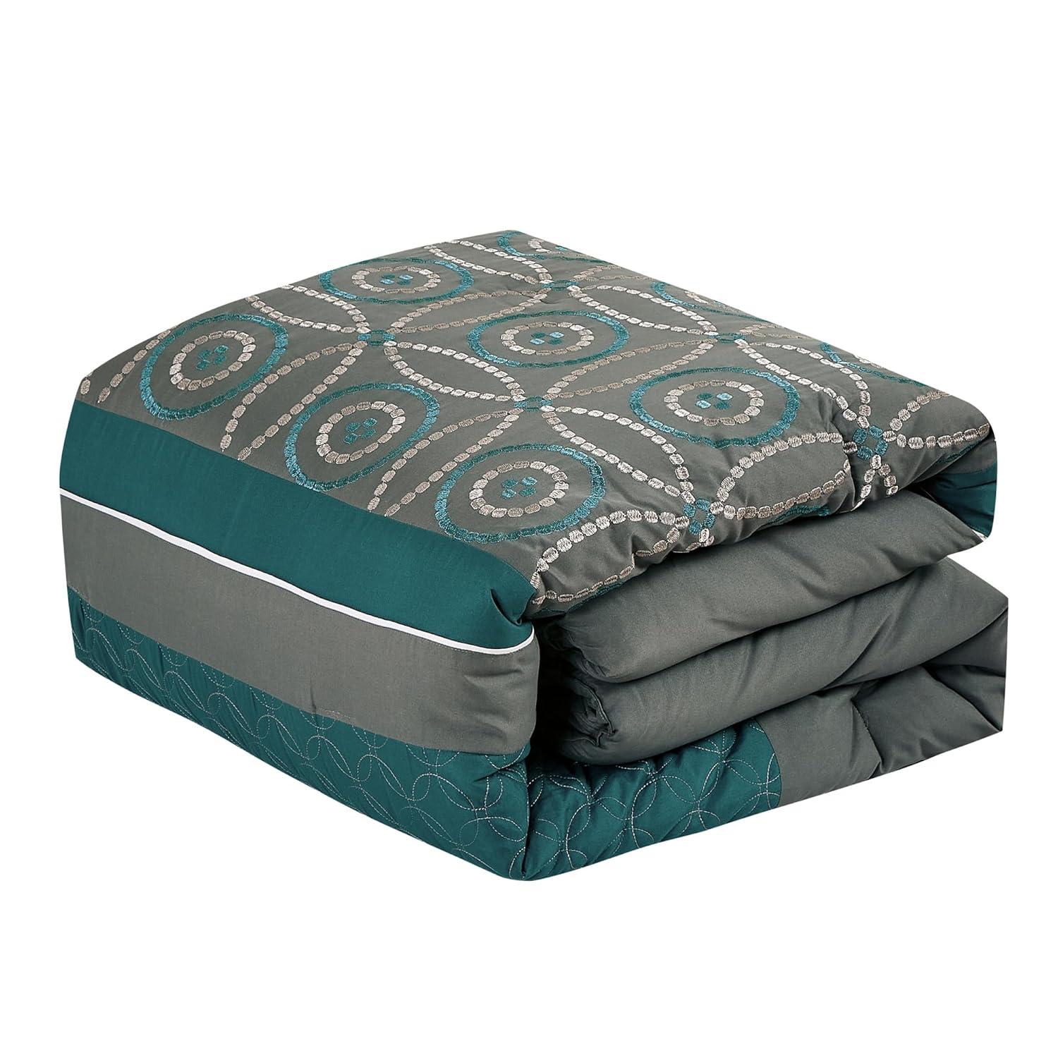 Home Mart Goods 7 Piece Comforter Set Green Grey Embroidery Soft Bedding