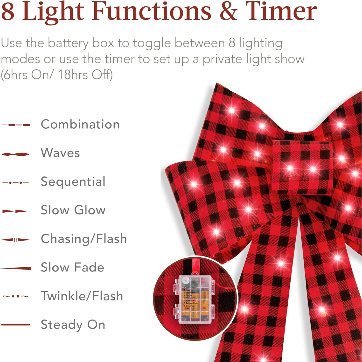 The Holiday Aisle® Set Of 3 Pre-Lit Christmas Bows, Indoor/Outdoor LED Holiday Decor W/ 8 Light Functions - Plaid