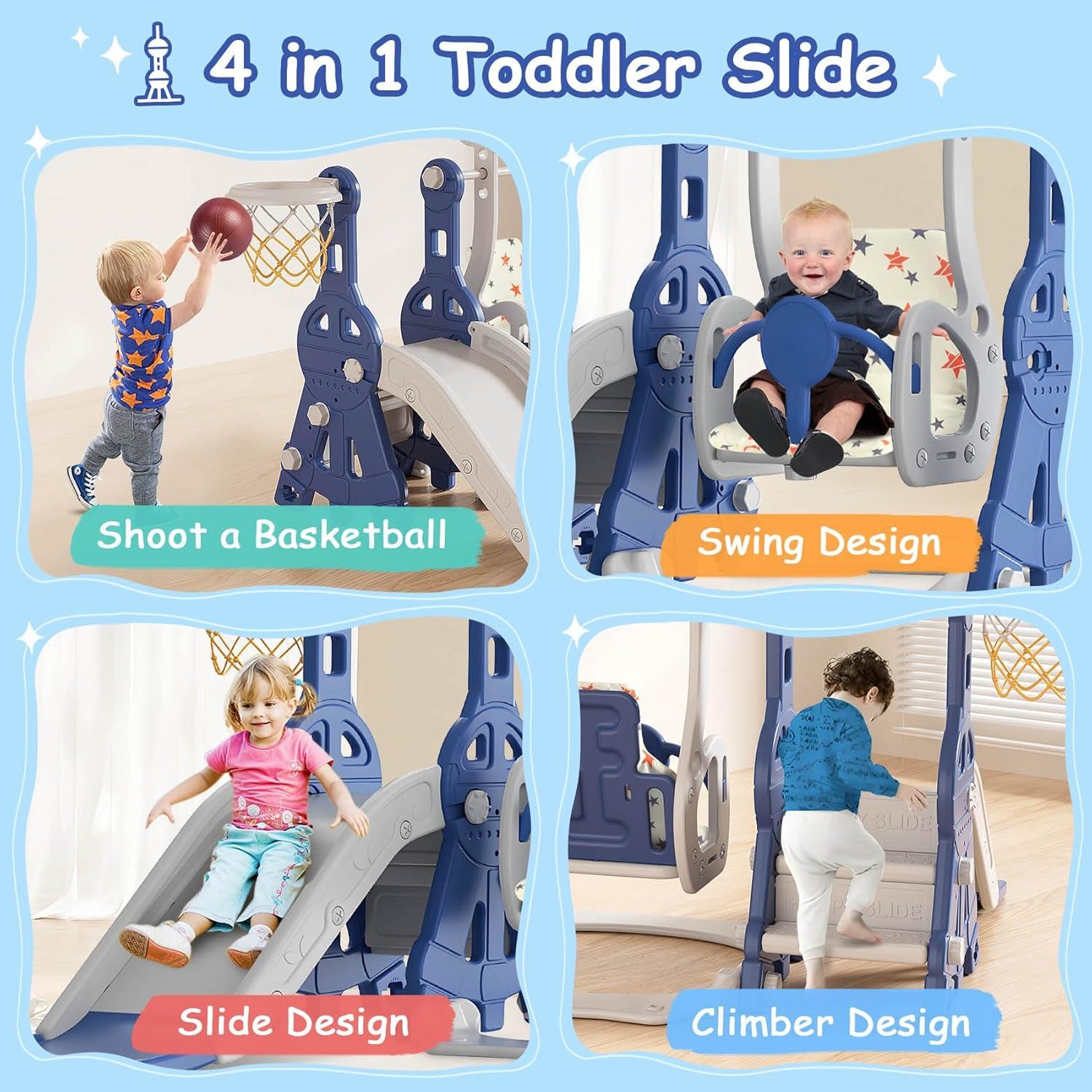 Suteck 4 in 1 Toddler Slide, Kids Slide with Climber and Swing Outdoor Indoor Slide Playset