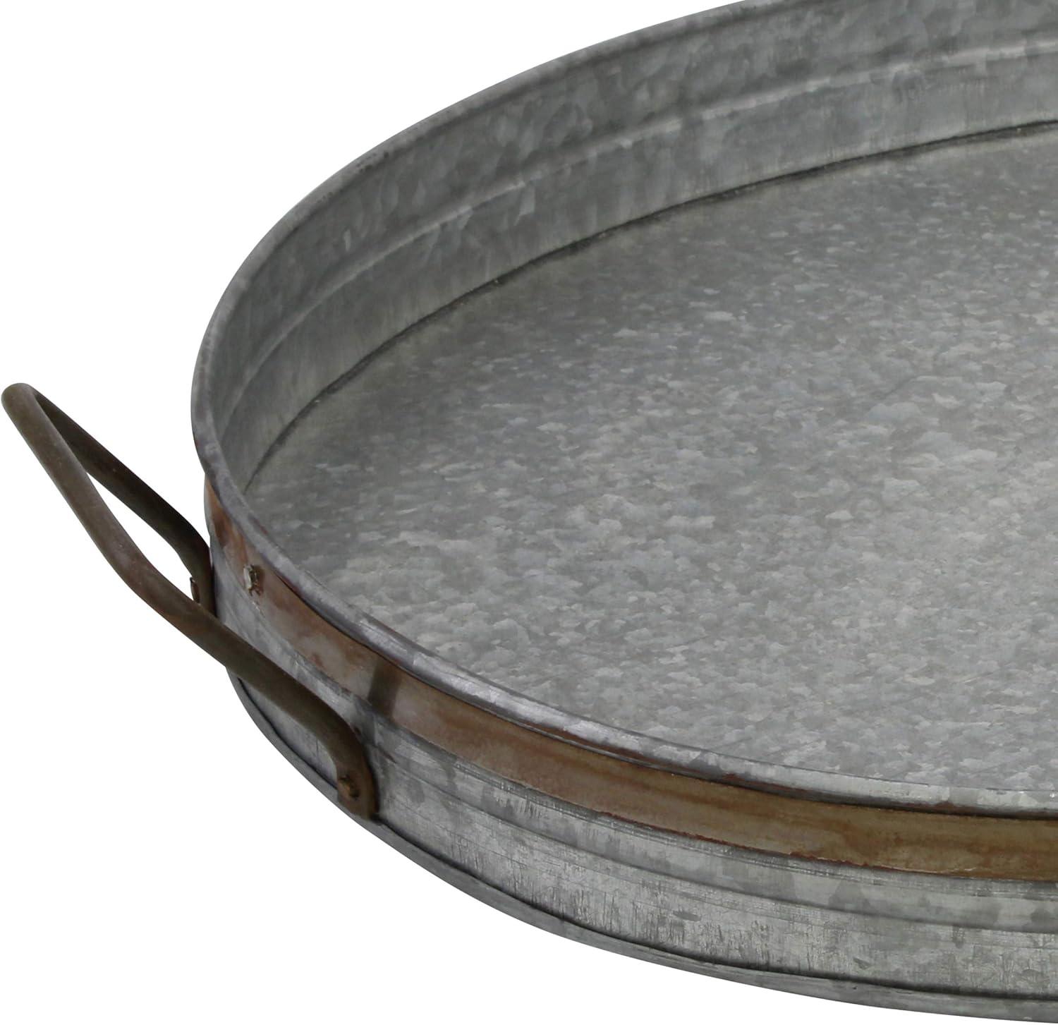 Large Oval Galvanized Metal Tray with Rust Trim and Handles